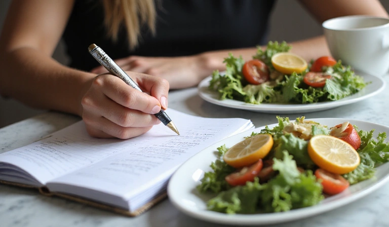 Eine Person, die in einem Notizbuch schreibt und einen gesunden Salat isst, symbolisiert individuelle Ernährungsplanung.
