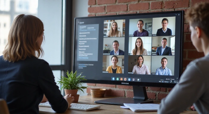 Frau in einem Webinar, die Fragen beantwortet und mit Teilnehmern interagiert.